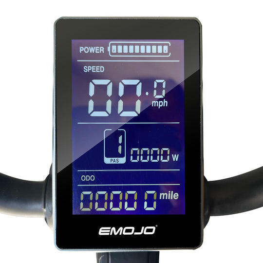 An LCD display for an electric bike showing speed, power, and distance metrics with the brand name EMOJO at the bottom.